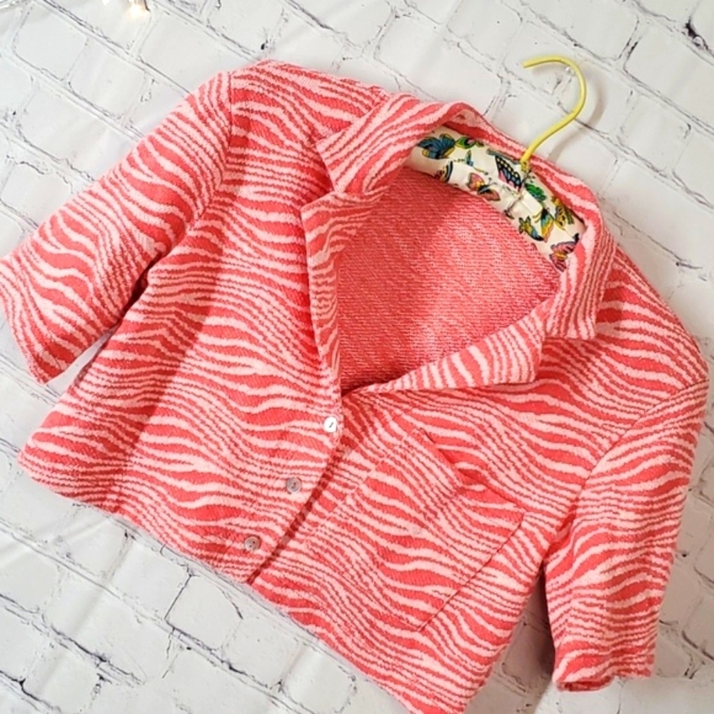 Zara Coral Zebra Print Crop Style Collared Blazer Abalone Buttons Size XS Y2K - Picture 6 of 13